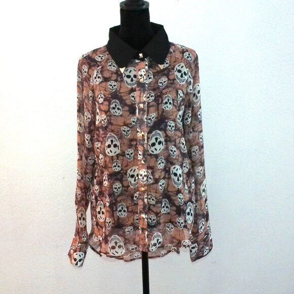 Mona B, Beige skull pattern blouse, with metal studs for buttons, day of dead - Picture 2 of 10
